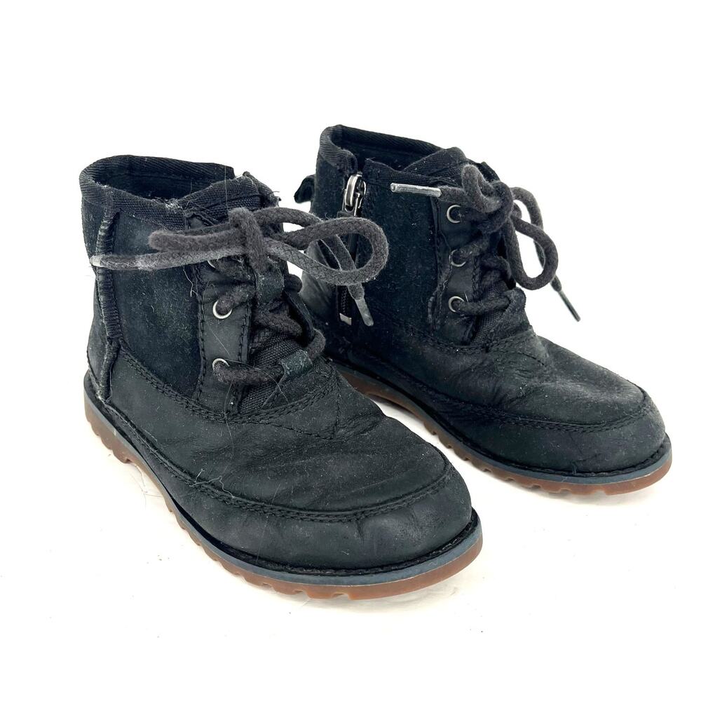UGG Bradley Boys Black Leather Shearling Hiking Ankle Boots Size 10
